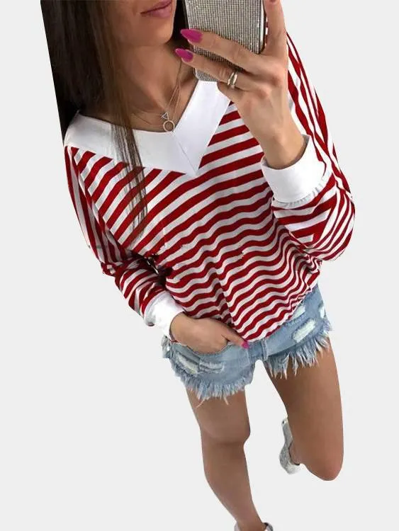 Custom V-Neck Stripe Long Sleeve Top