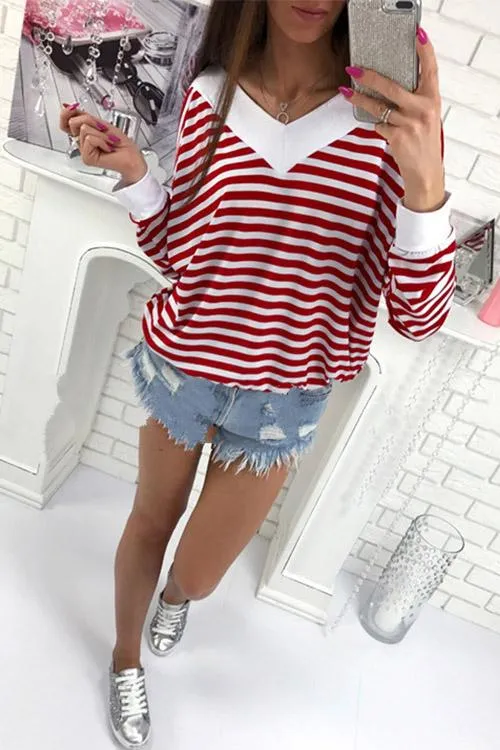 Custom V-Neck Stripe Long Sleeve Top