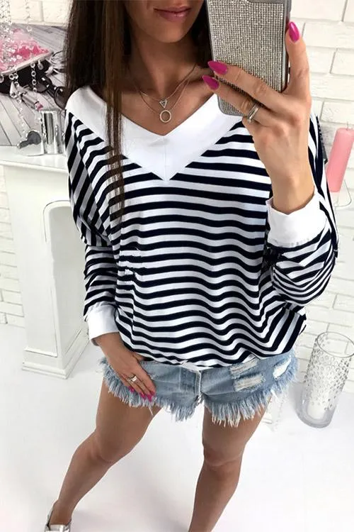 Custom V-Neck Stripe Long Sleeve Top