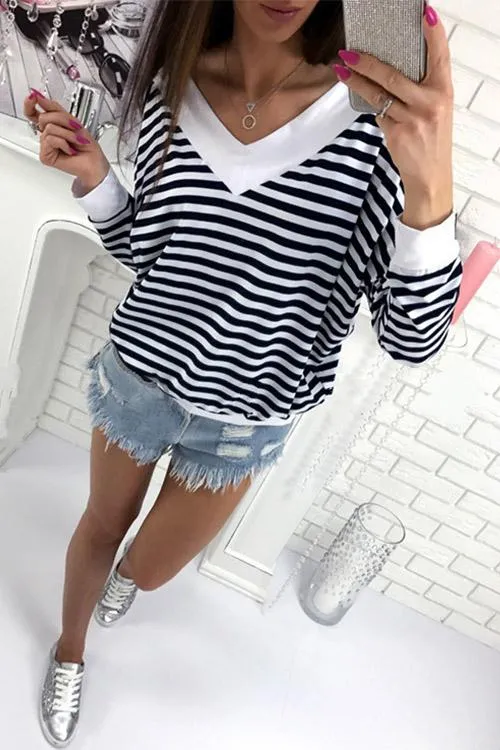 Custom V-Neck Stripe Long Sleeve Top