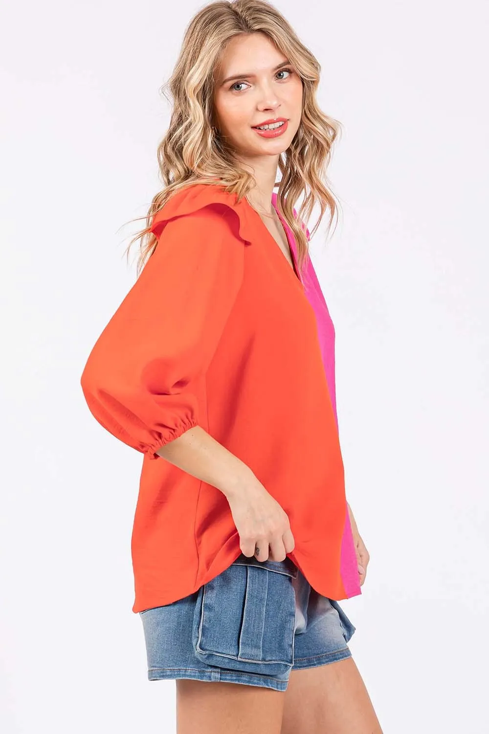 Full Size Ruffle Trim Contrast Blouse