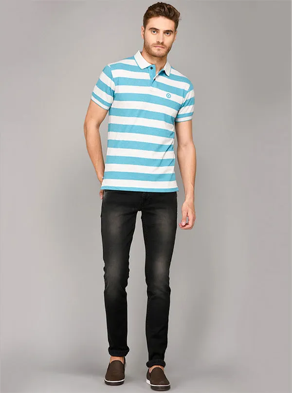 Greenfibre Blue & Grey Striped Slim Fit Polo T-Shirt