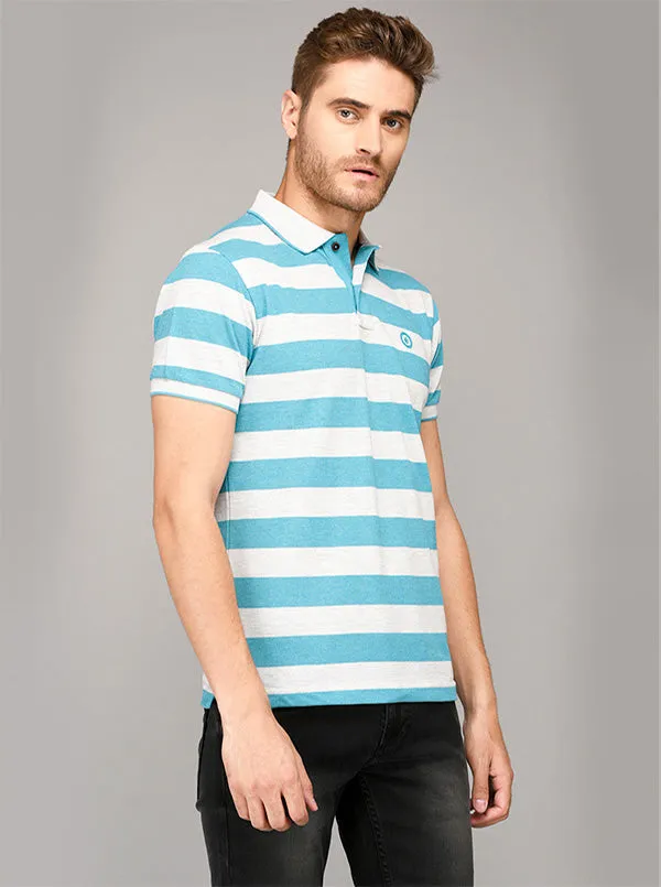 Greenfibre Blue & Grey Striped Slim Fit Polo T-Shirt