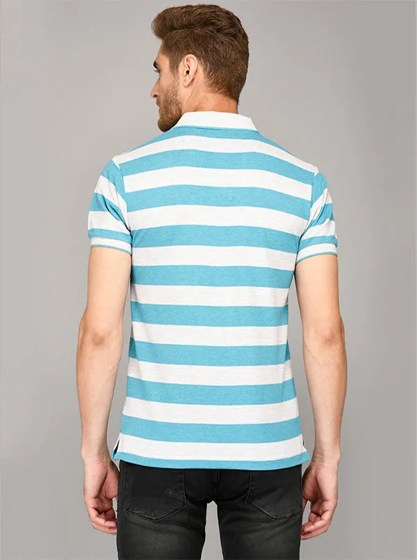 Greenfibre Blue & Grey Striped Slim Fit Polo T-Shirt