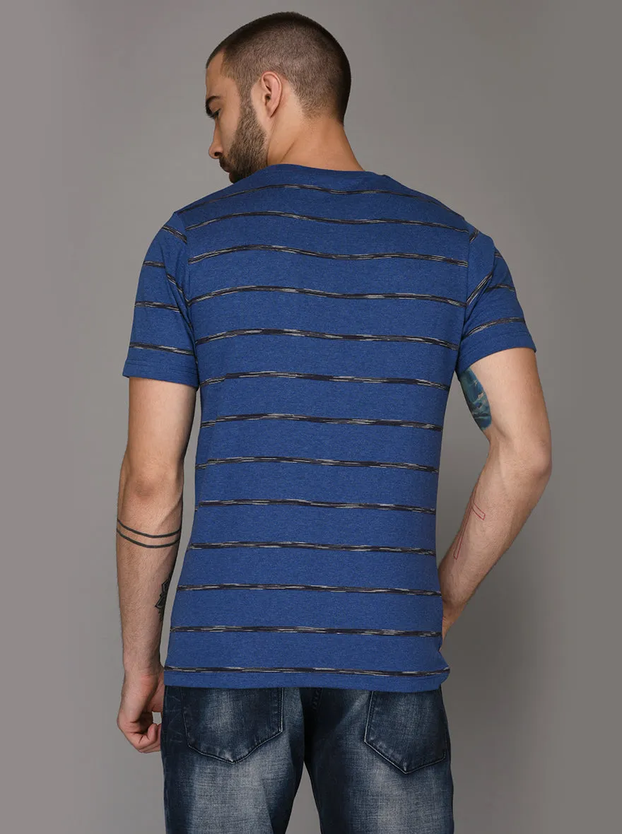 Greenfibre Blue Melange Striped Slim Fit Round Neck T-Shirt