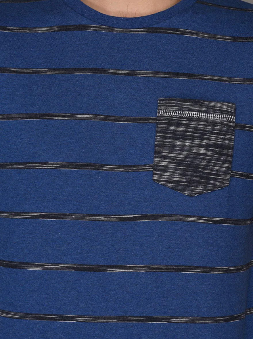 Greenfibre Blue Melange Striped Slim Fit Round Neck T-Shirt