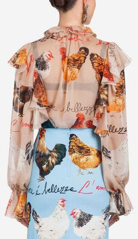 Hen Printed Silk Ruffle Blouse