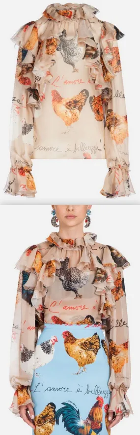 Hen Printed Silk Ruffle Blouse