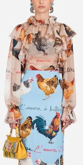 Hen Printed Silk Ruffle Blouse