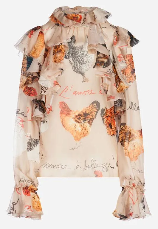 Hen Printed Silk Ruffle Blouse