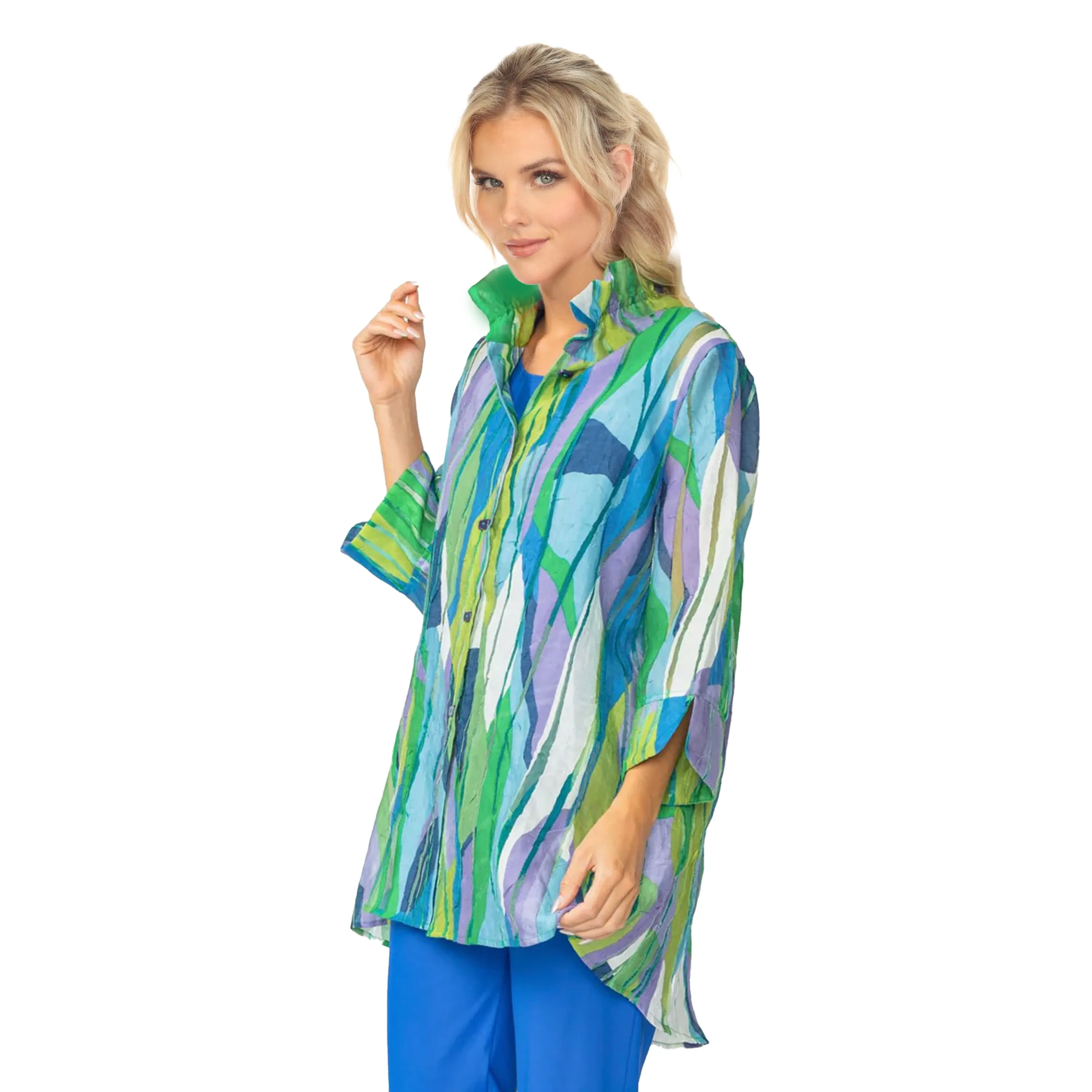 IC Collection Abstract Linear Hi-Low Blouse in Blue - 7079J