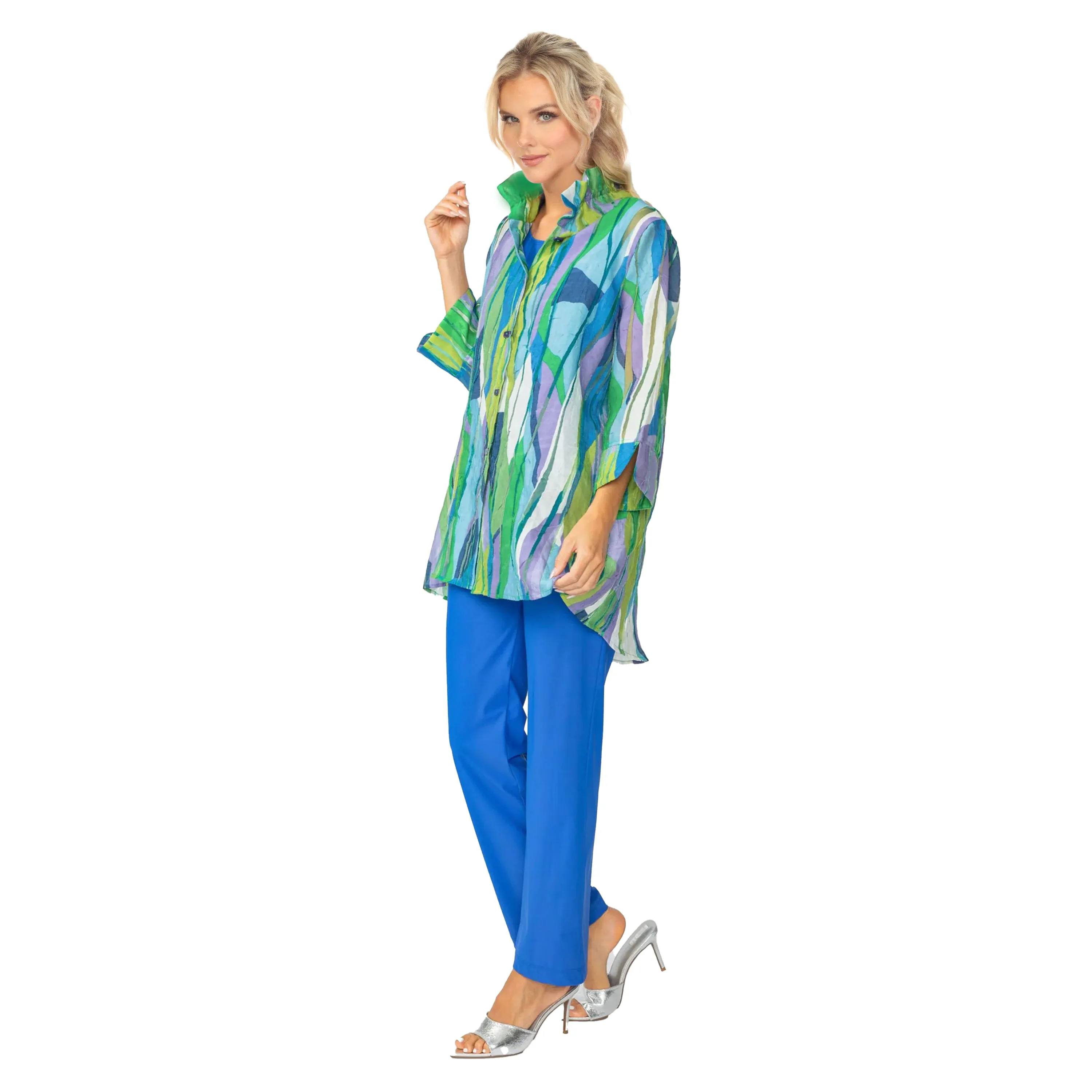 IC Collection Abstract Linear Hi-Low Blouse in Blue - 7079J