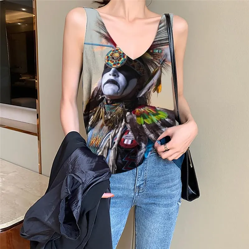 Indios Tank Top Women Feather Tank Tops Casual Colorful Vest Printed  Sleeveless 3d Metal Funny Top