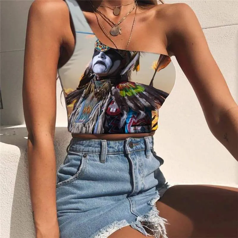 Indios Vest Tops Women Feather One Shoulder Crop Colorful Midriff T shirt  Tees Graphic Metal Sleeveless Shirt