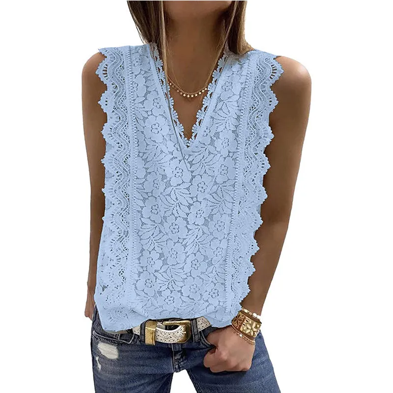 Lace V-Neck Sleeveless Solid Color All-Match Tank Tops Wholesale Women Tops