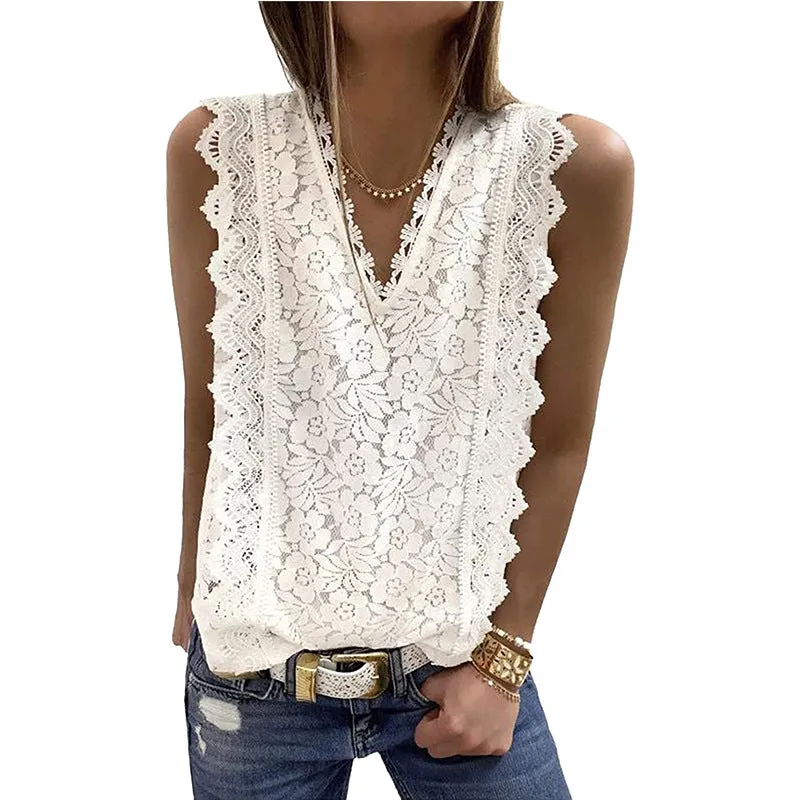 Lace V-Neck Sleeveless Solid Color All-Match Tank Tops Wholesale Women Tops