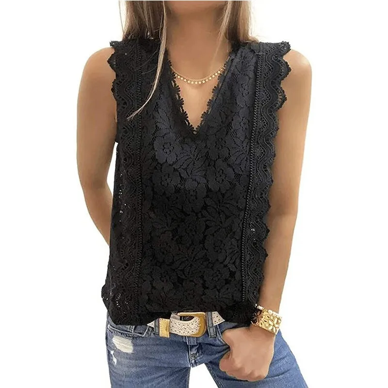 Lace V-Neck Sleeveless Solid Color All-Match Tank Tops Wholesale Women Tops