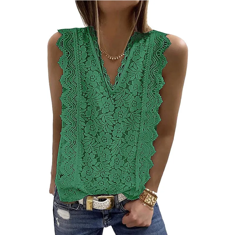 Lace V-Neck Sleeveless Solid Color All-Match Tank Tops Wholesale Women Tops