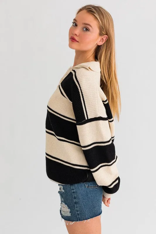 LE LIS Collared Oversized Striped Sweater Top