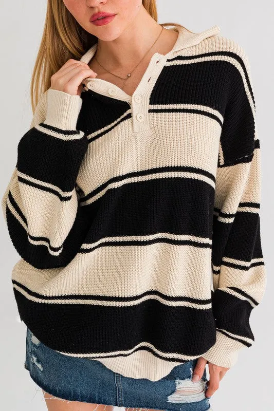 LE LIS Collared Oversized Striped Sweater Top