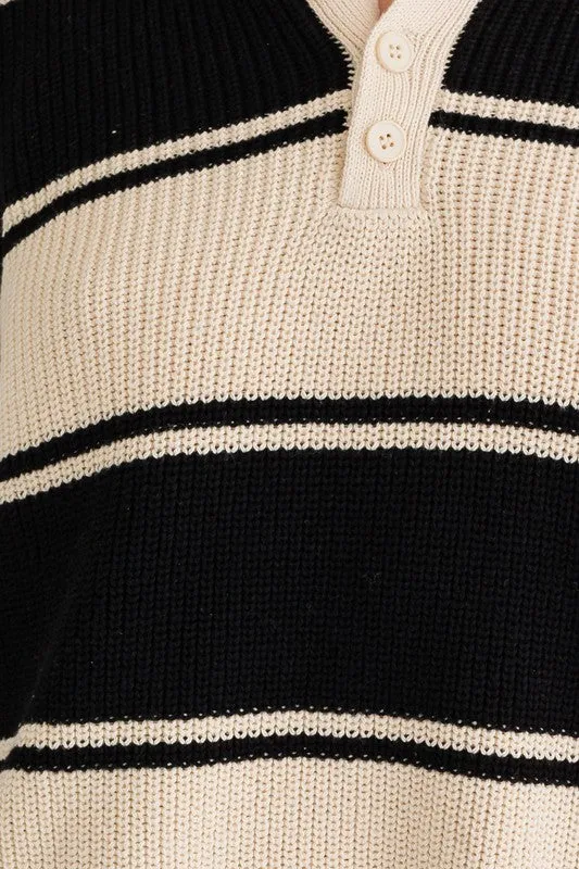 LE LIS Collared Oversized Striped Sweater Top