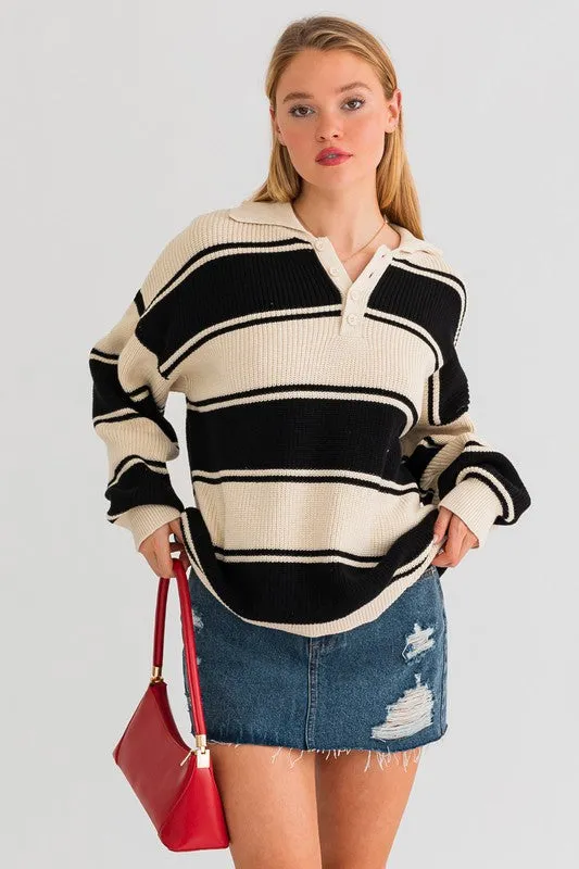 LE LIS Collared Oversized Striped Sweater Top