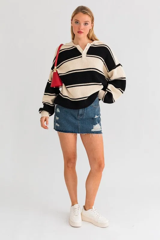 LE LIS Collared Oversized Striped Sweater Top