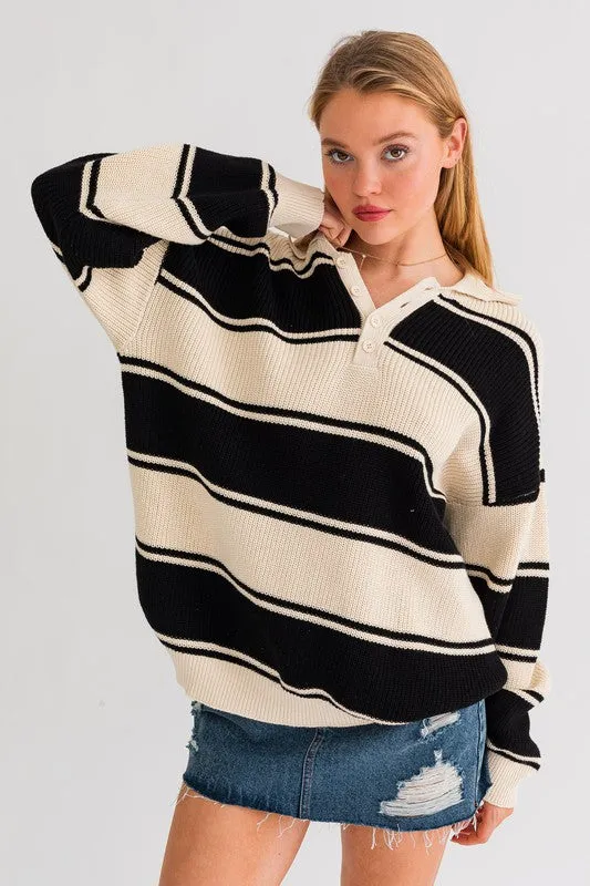 LE LIS Collared Oversized Striped Sweater Top