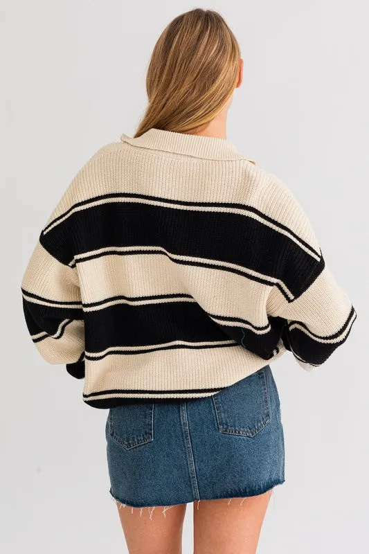 LE LIS Collared Oversized Striped Sweater Top