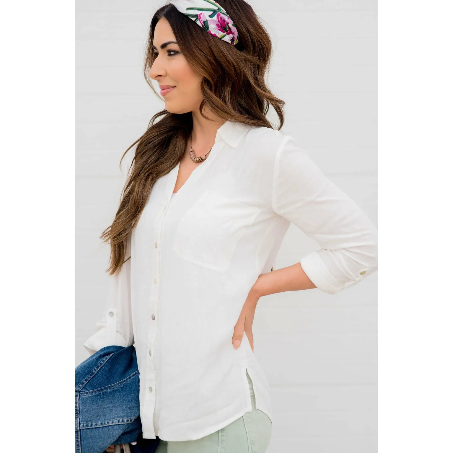 Lightweight 3/4 Sleeve Button Down Blouse