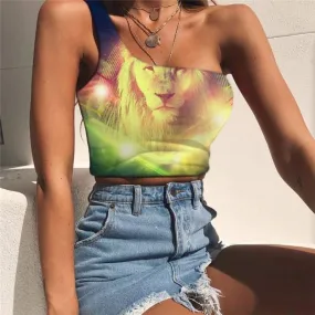 Lion Tank Tops Women Animal One Shoulder Crop Anime Midriff T shirt Galaxy Tees Graphic Colorful Sleeveless Shirt