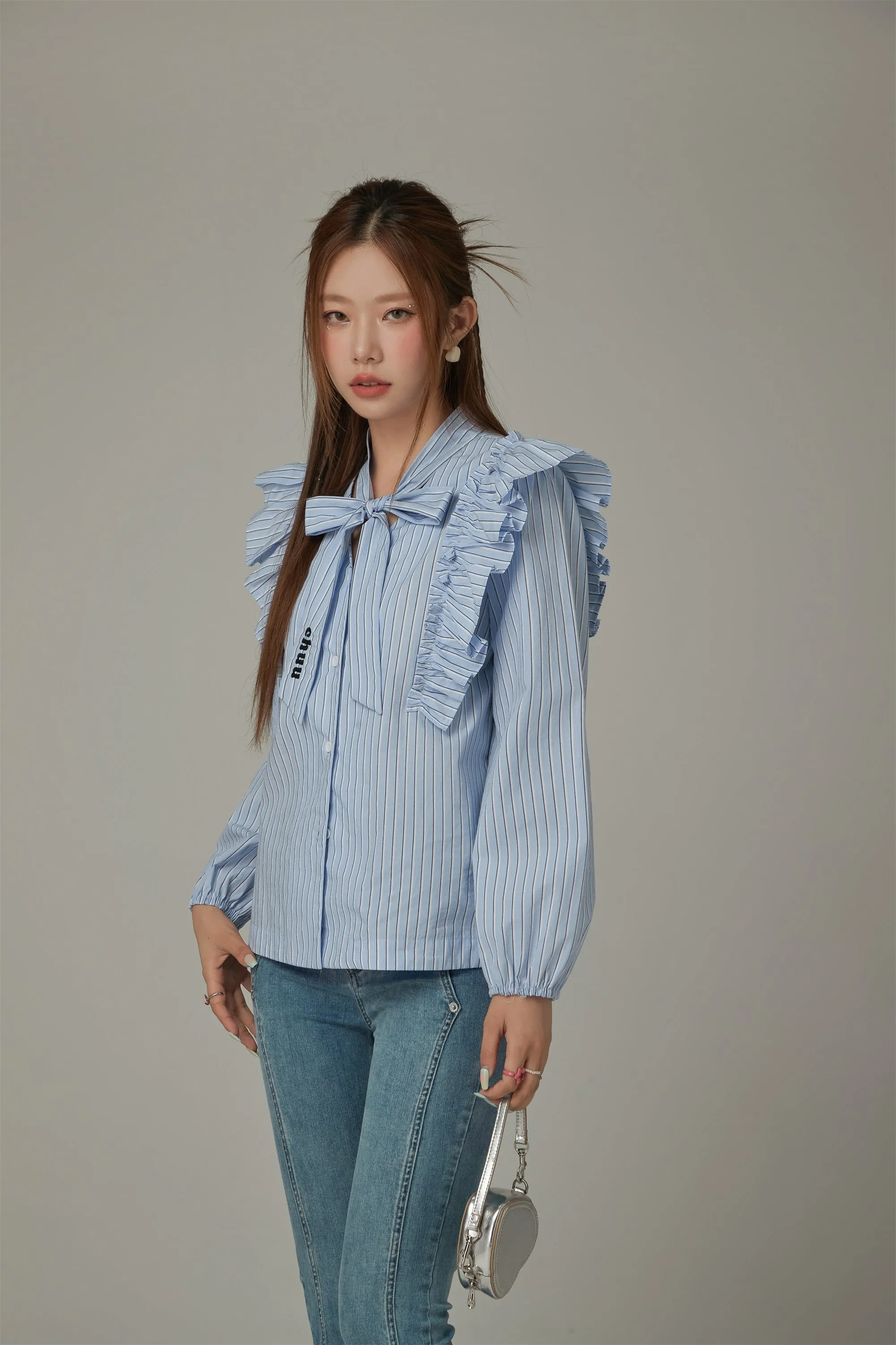 Logo Tie Ruffle Striped Blouse