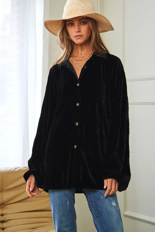 Long Sleeve Button Front Velvet Texture Top