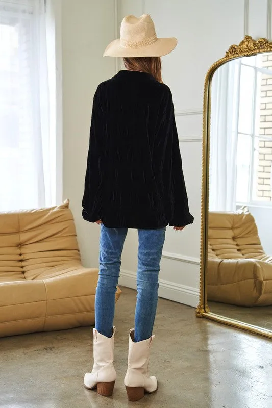 Long Sleeve Button Front Velvet Texture Top