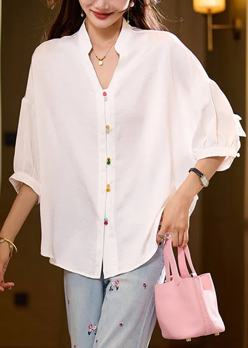 Loose White Ruffled Button Solid Blouses Bracelet Sleeve AC1016