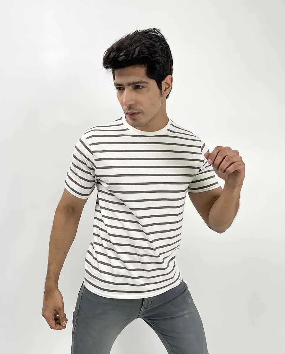 Marshmallow Grey Crew Neck Striper Tee