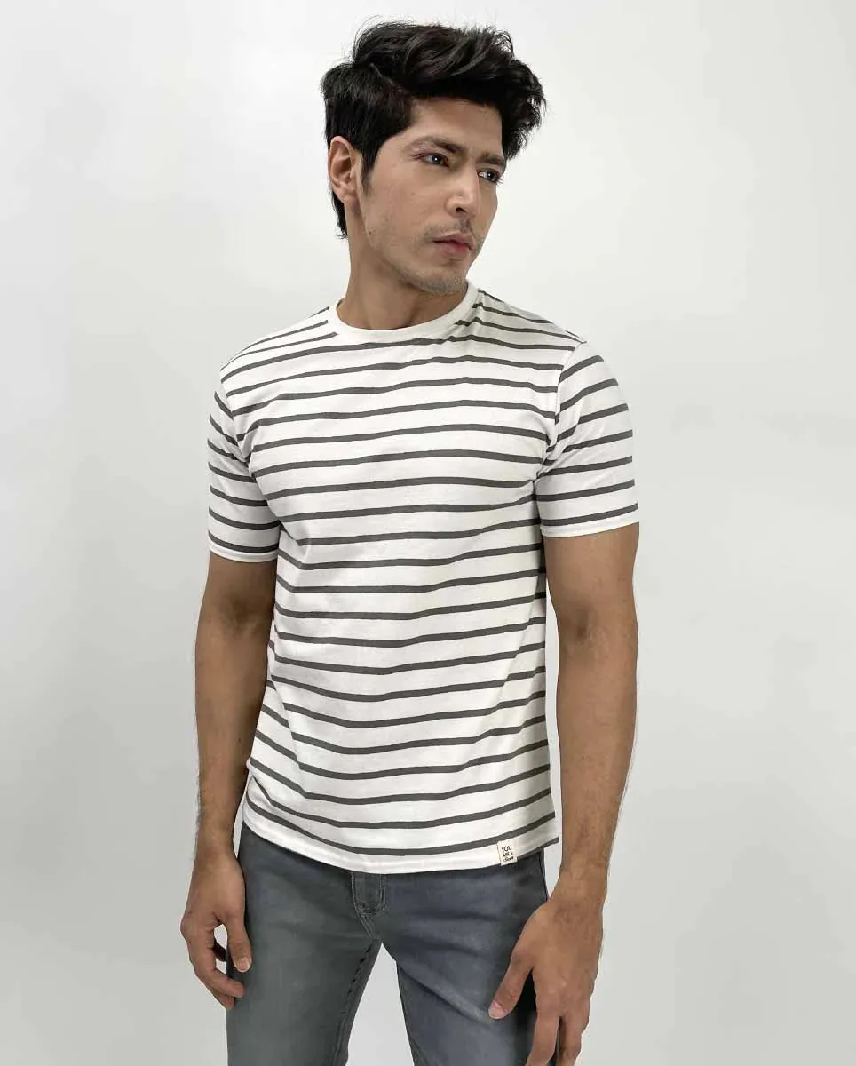 Marshmallow Grey Crew Neck Striper Tee