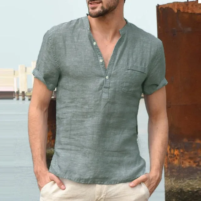 Mens Casual Shirts Short Sleeve V Neck Basic Blouse