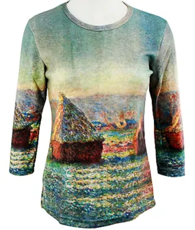 Monet Haystacks, 3/4 Sleeve, Scoop Neck, Hand Silk Screened Artistic Top