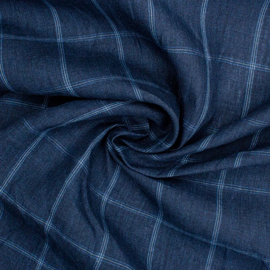 Navy Blue Checkered Pure Linen