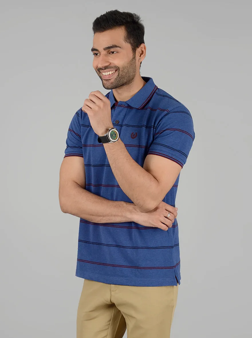 Navy Blue Striped Slim Fit Polo T-Shirt | Greenfibre