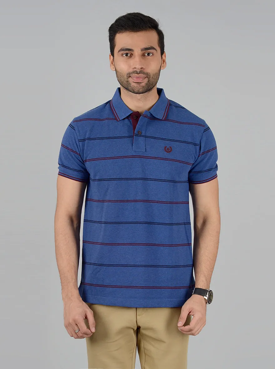 Navy Blue Striped Slim Fit Polo T-Shirt | Greenfibre