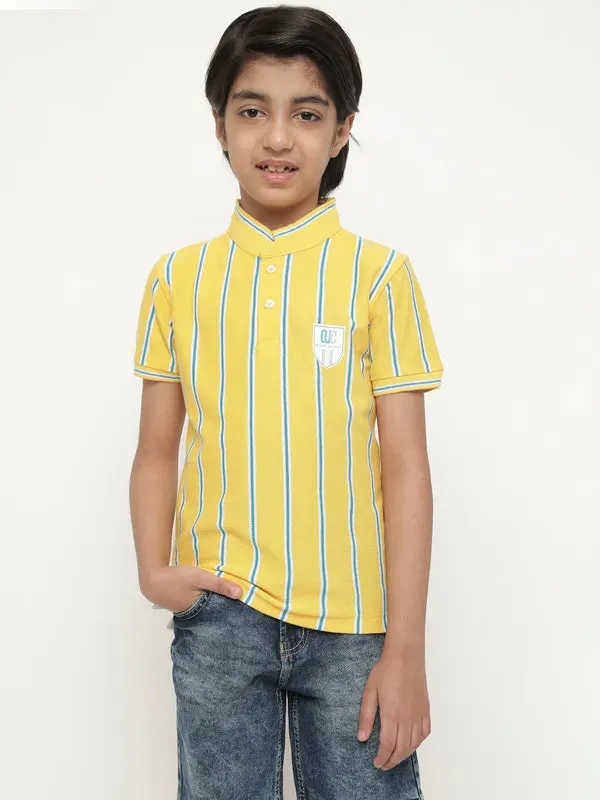 Octave Boys Vertical Striped Mandarin Collarâ Cotton T-Shirt