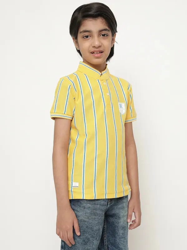 Octave Boys Vertical Striped Mandarin Collarâ Cotton T-Shirt