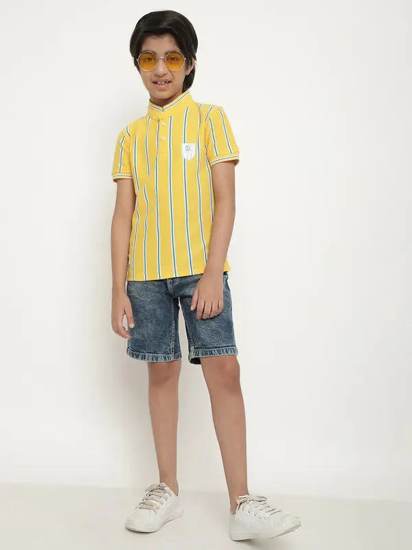 Octave Boys Vertical Striped Mandarin Collarâ Cotton T-Shirt