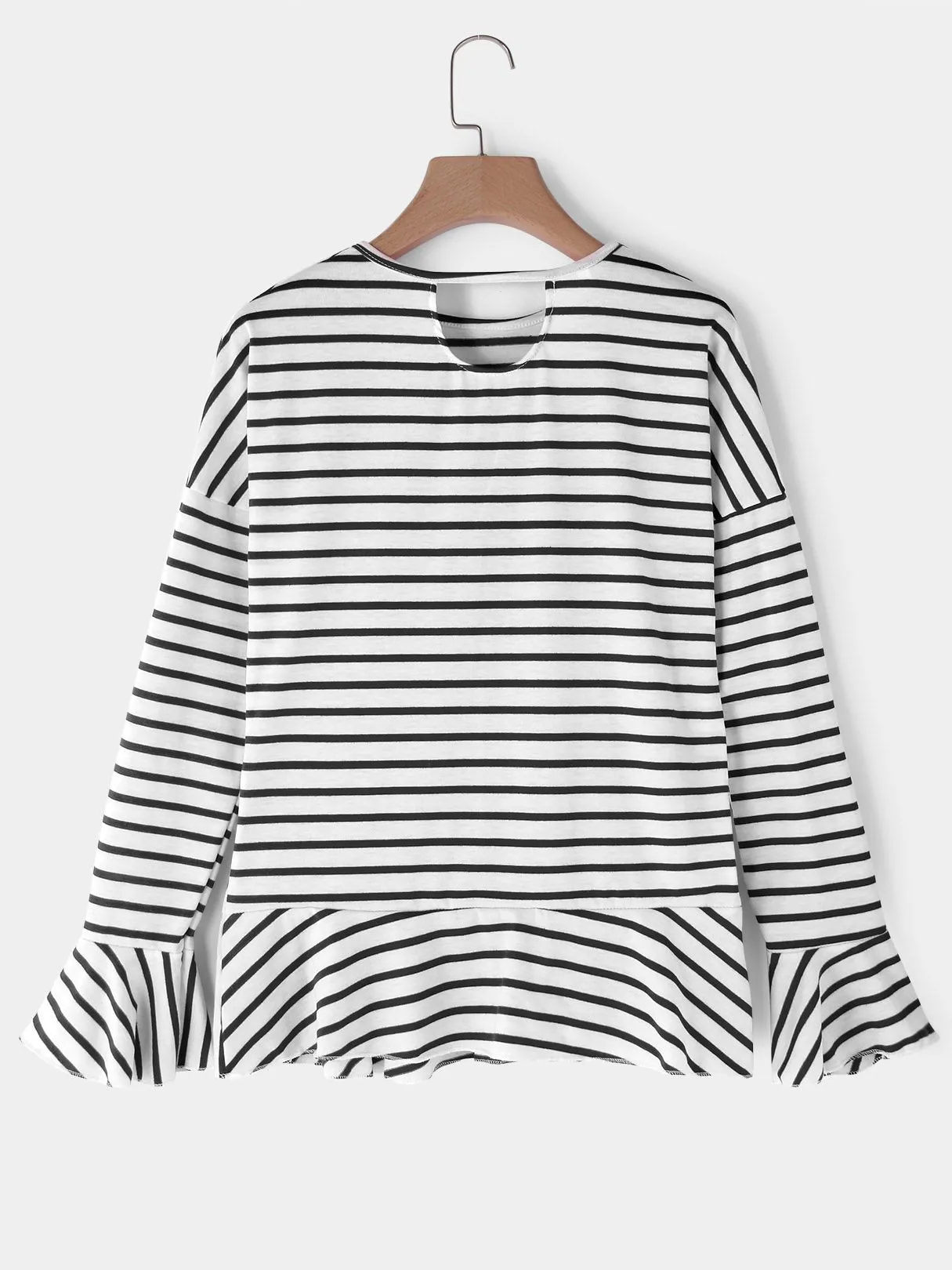 OEM ODM Round Neck Stripe Long Sleeve Ruffle Hem Black T-Shirts