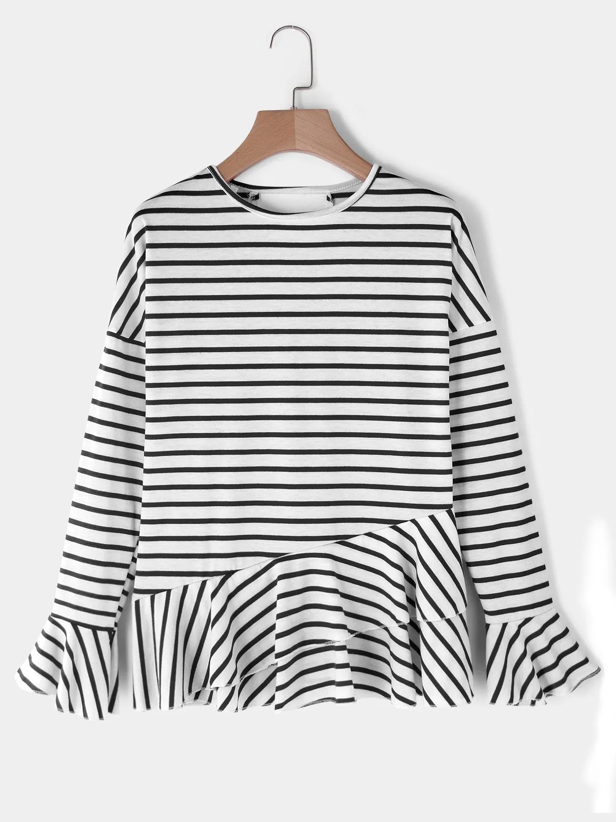 OEM ODM Round Neck Stripe Long Sleeve Ruffle Hem Black T-Shirts