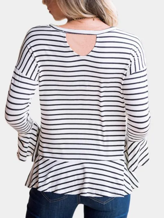 OEM ODM Round Neck Stripe Long Sleeve Ruffle Hem Black T-Shirts