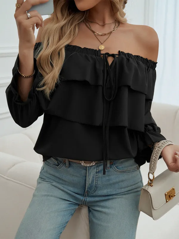 Off-Shoulder Ruffle Blouse with Long Sleeves