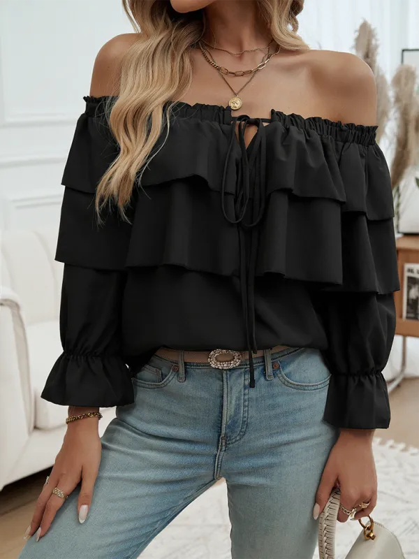 Off-Shoulder Ruffle Blouse with Long Sleeves